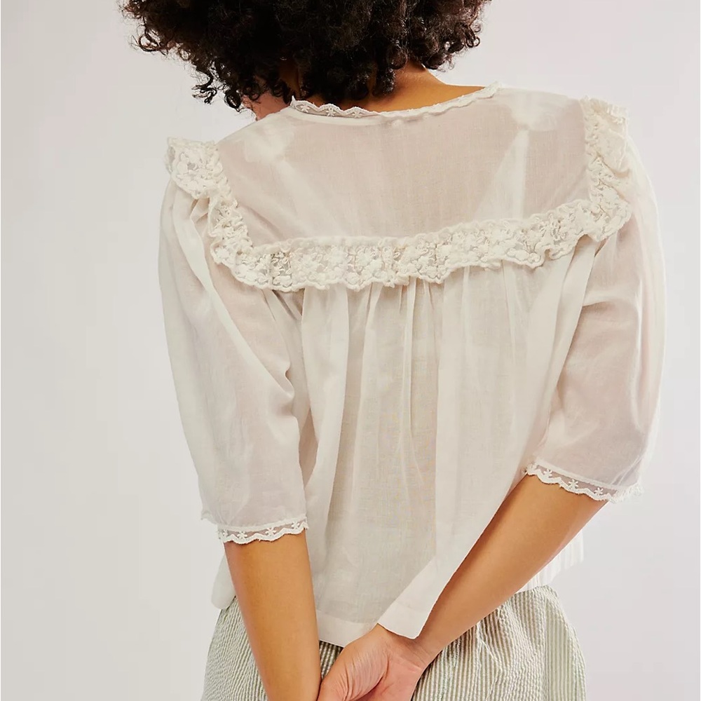 Free People Sheer White Lace-Trim Button Front Blouse - Picture 2 of 12